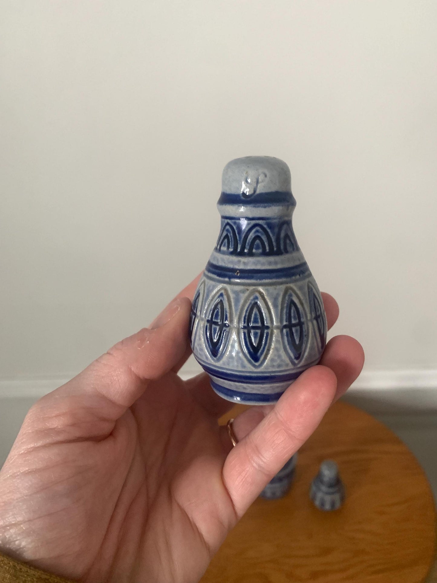 Pair of Small Vintage Salt Glazed Stoneware Cobalt Blue & Gray Salt and Pepper Shakers