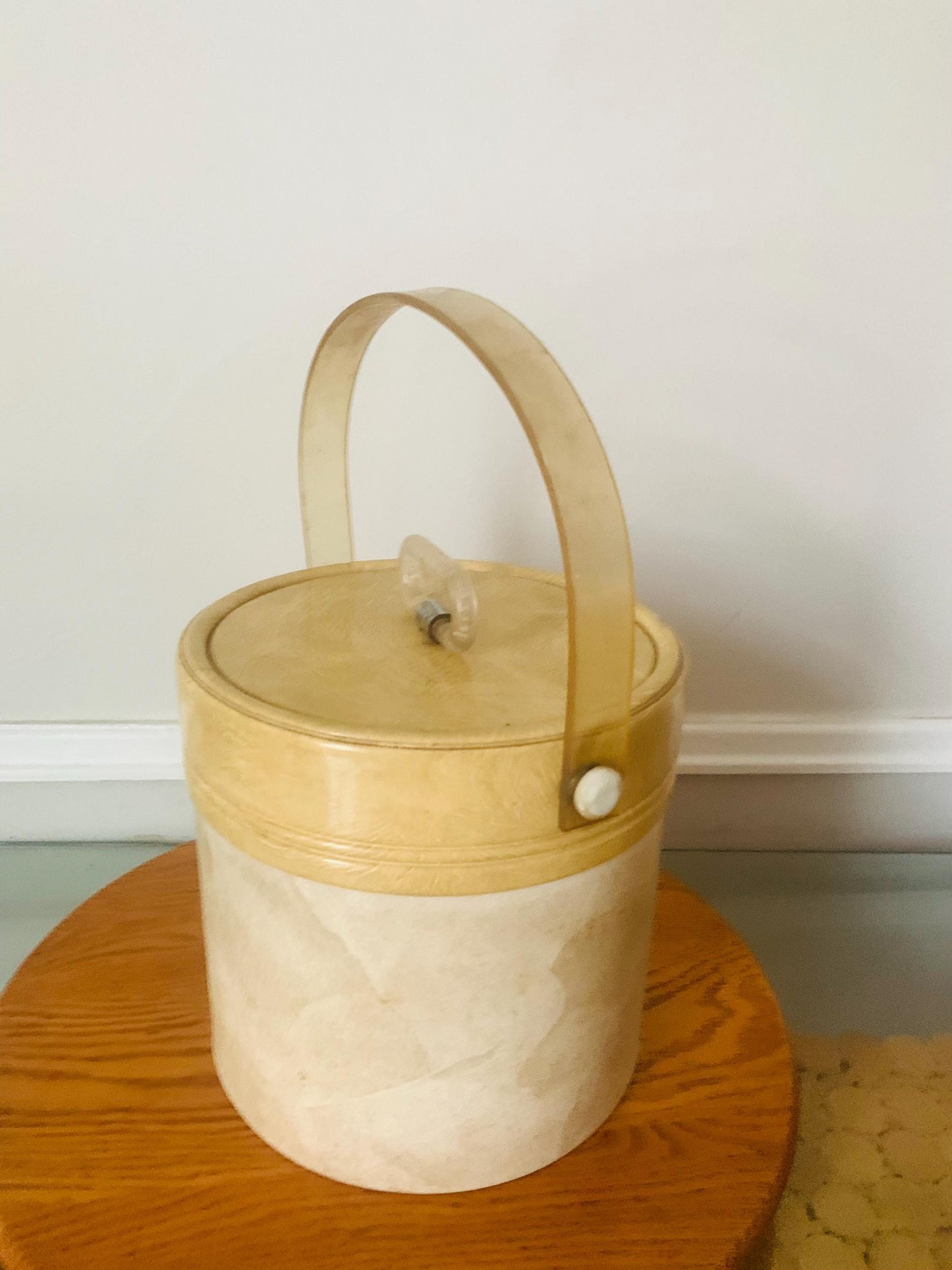 MCM Kraftware Cream Vinyl Ice Bucket with Lucite Handle Made in USA