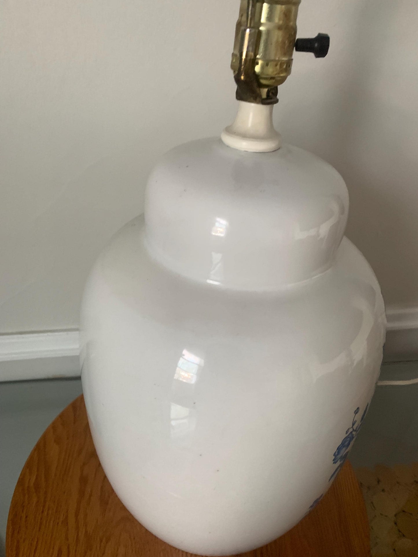 Retro Oversize White Ceramic GInger Jar Lamp with Blue Flowers No Shade