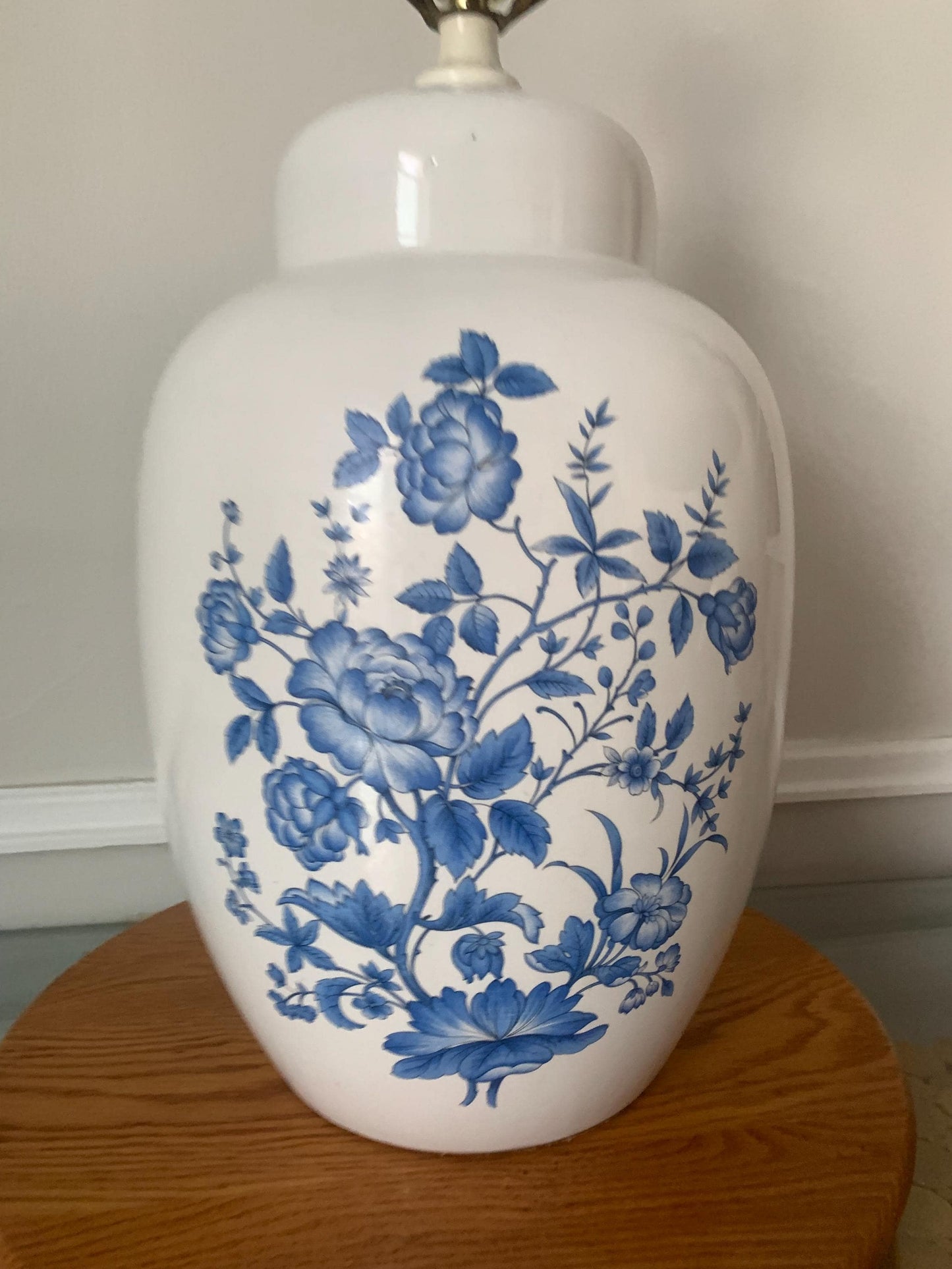 Retro Oversize White Ceramic GInger Jar Lamp with Blue Flowers No Shade