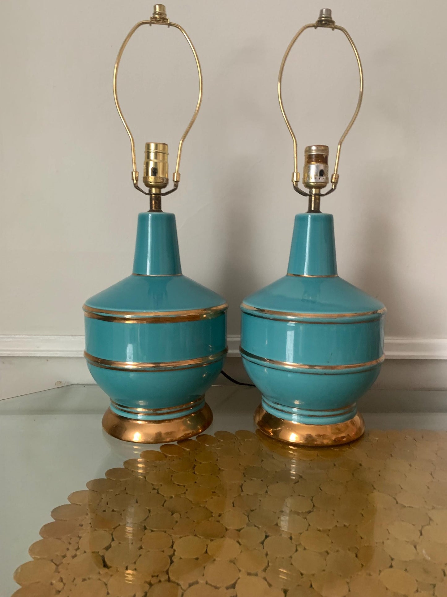 Pair of MCM Deep Turquoise and Gold Ceramic Lamps No Shade