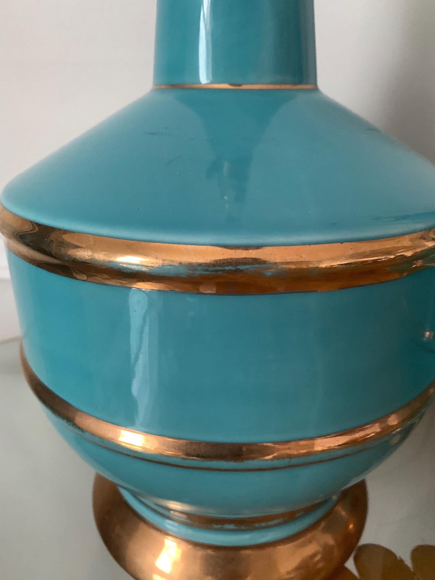 Pair of MCM Deep Turquoise and Gold Ceramic Lamps No Shade
