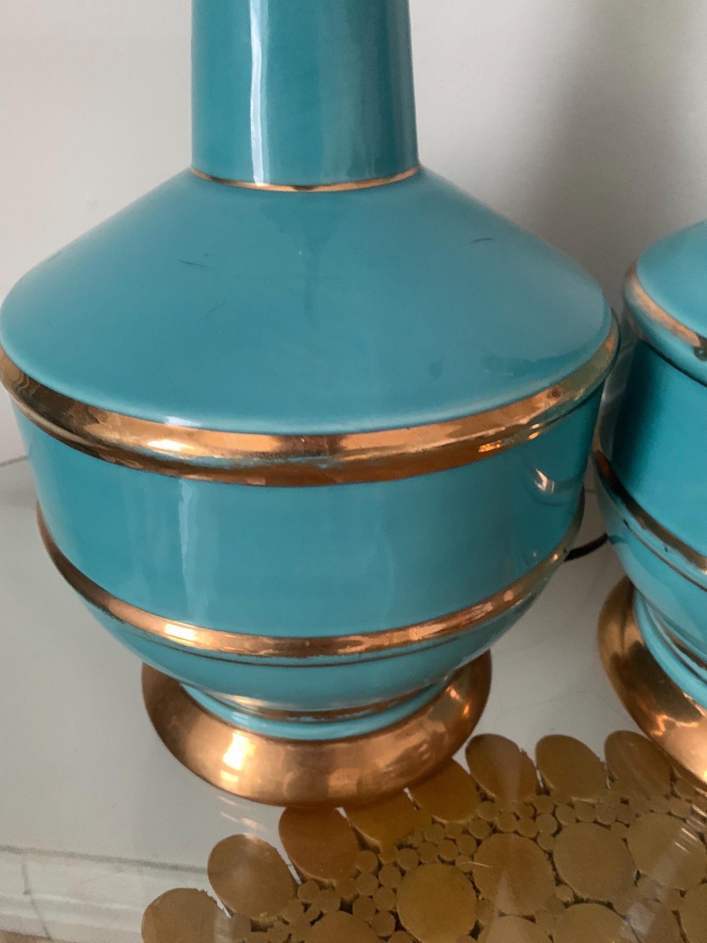 Pair of MCM Deep Turquoise and Gold Ceramic Lamps No Shade