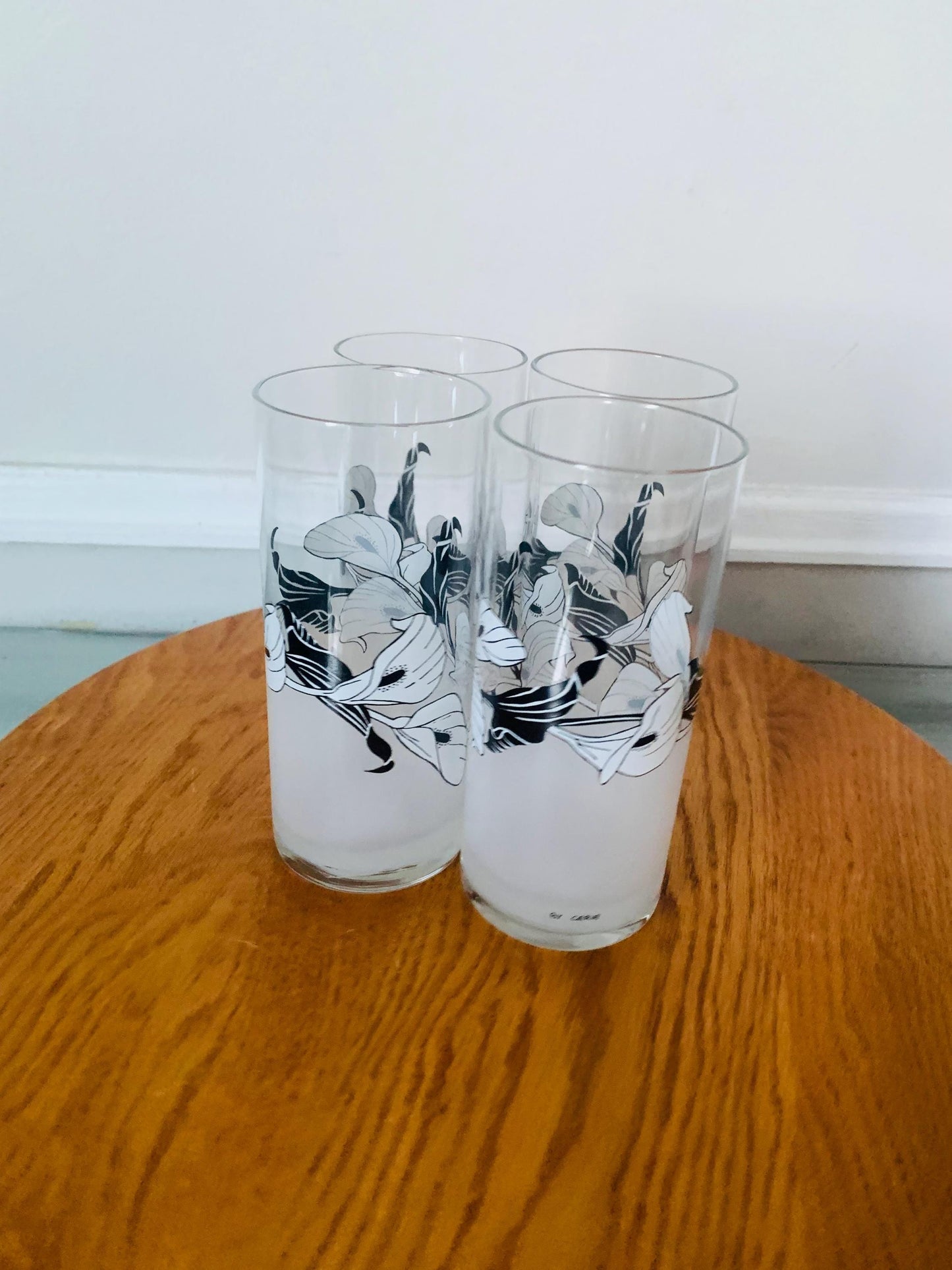 Vintage Set of 4 Cerve Highball Black and White Irises Frosted Glass Tumblers Made in Italy