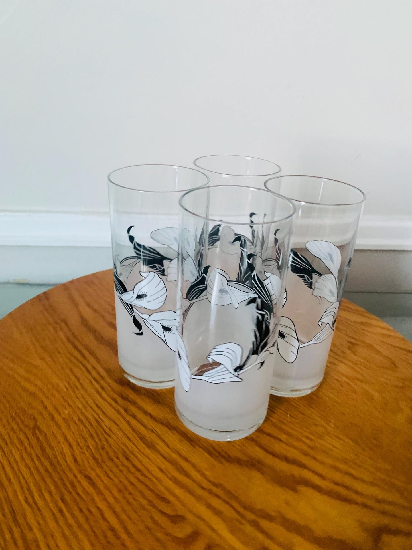 Vintage Set of 4 Cerve Highball Black and White Irises Frosted Glass Tumblers Made in Italy