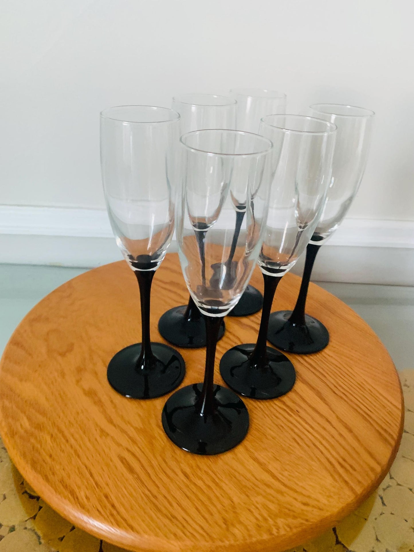 Vintage Set of 6 Black Stem Champagne Flutes