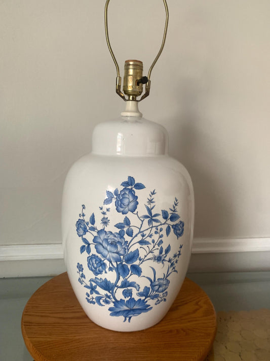 Retro Oversize White Ceramic GInger Jar Lamp with Blue Flowers No Shade