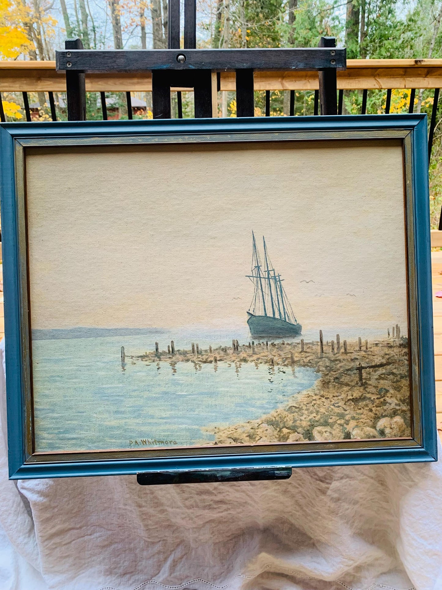 Medium Vintage P.A.Whitmore Sailboat Painting in Blue Wood Frame