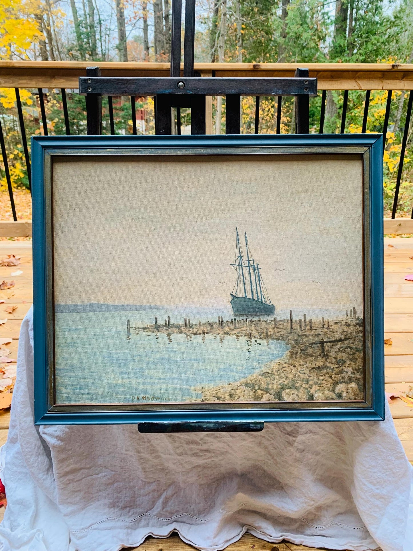 Medium Vintage P.A.Whitmore Sailboat Painting in Blue Wood Frame