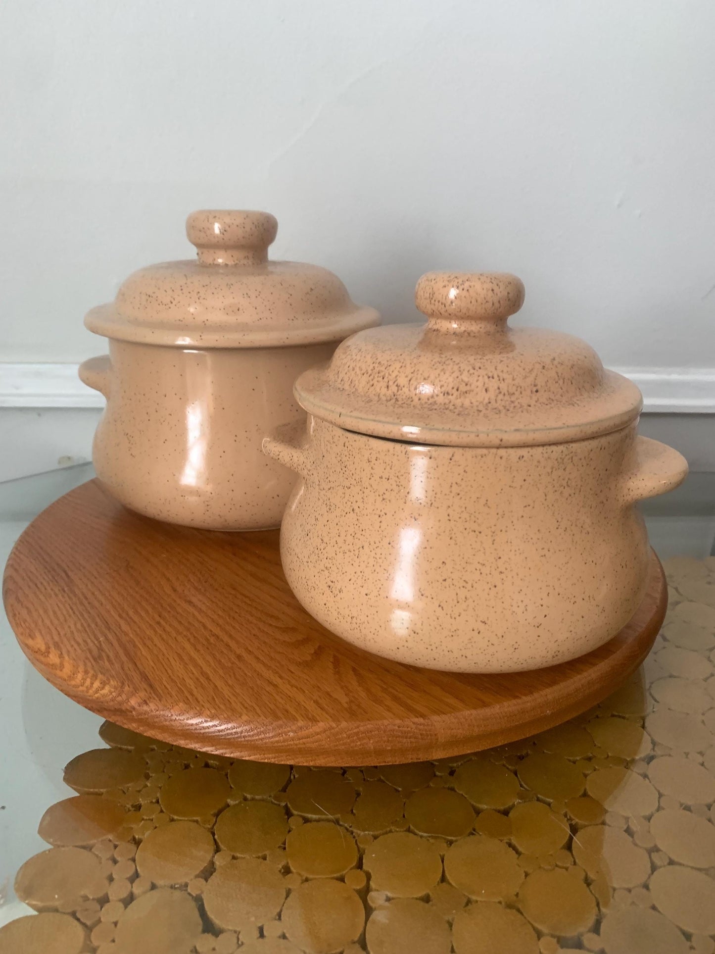 Pair of Medium and Small Vintage Blue Mountain Natural Speckled Peach Lidded Glazed Pottery Containers Made in Canada