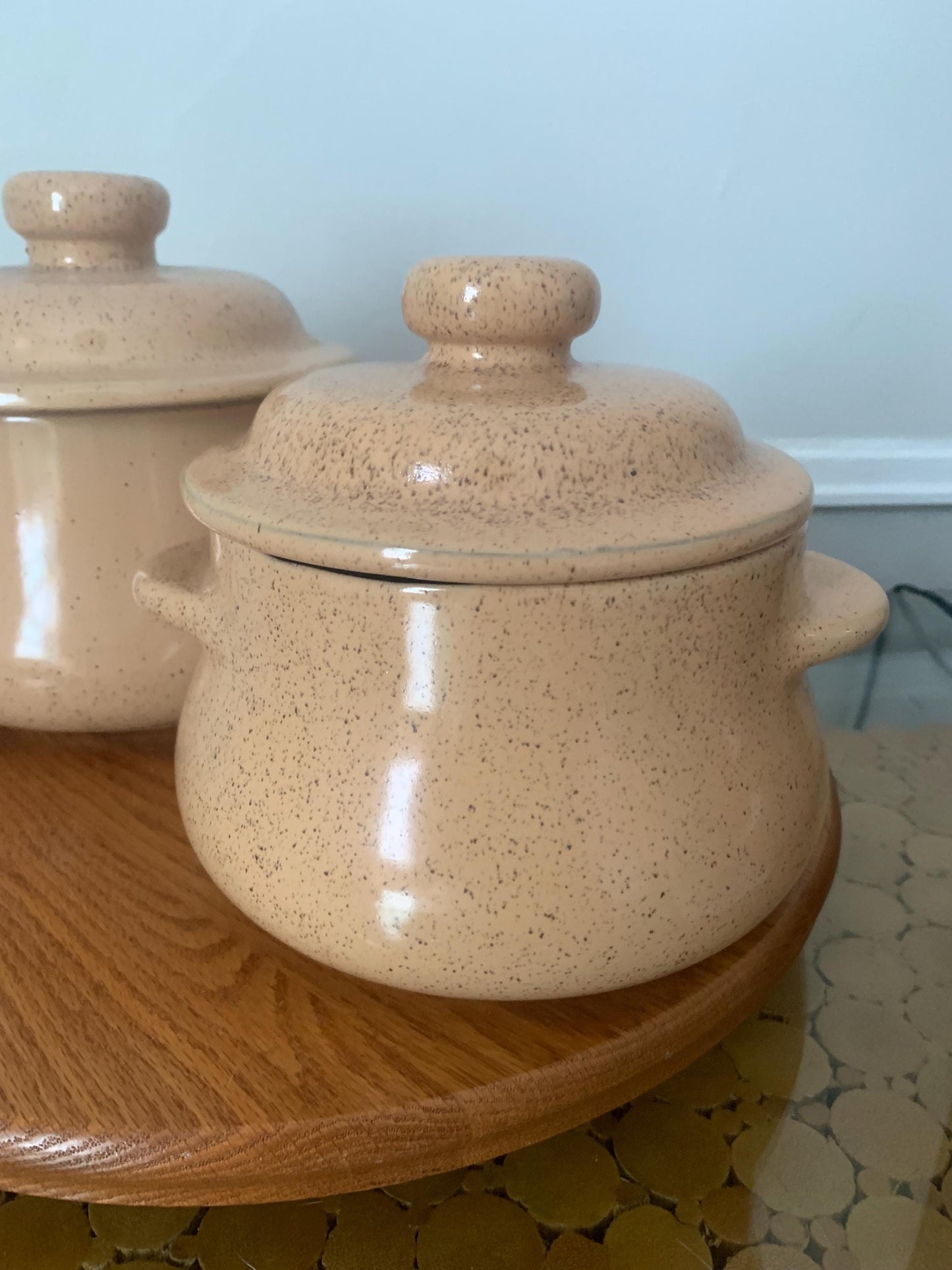 Pair of Medium and Small Vintage Blue Mountain Natural Speckled Peach Lidded Glazed Pottery Containers Made in Canada