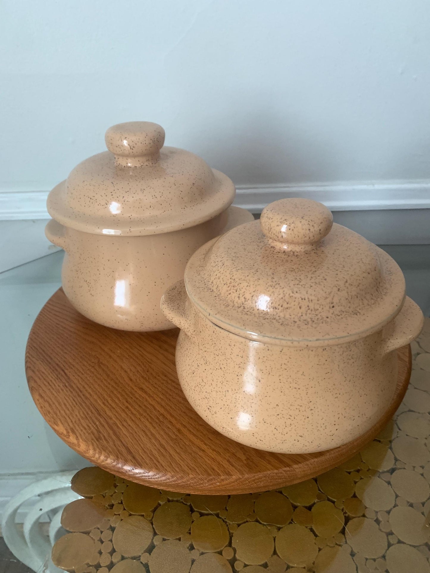 Pair of Medium and Small Vintage Blue Mountain Natural Speckled Peach Lidded Glazed Pottery Containers Made in Canada