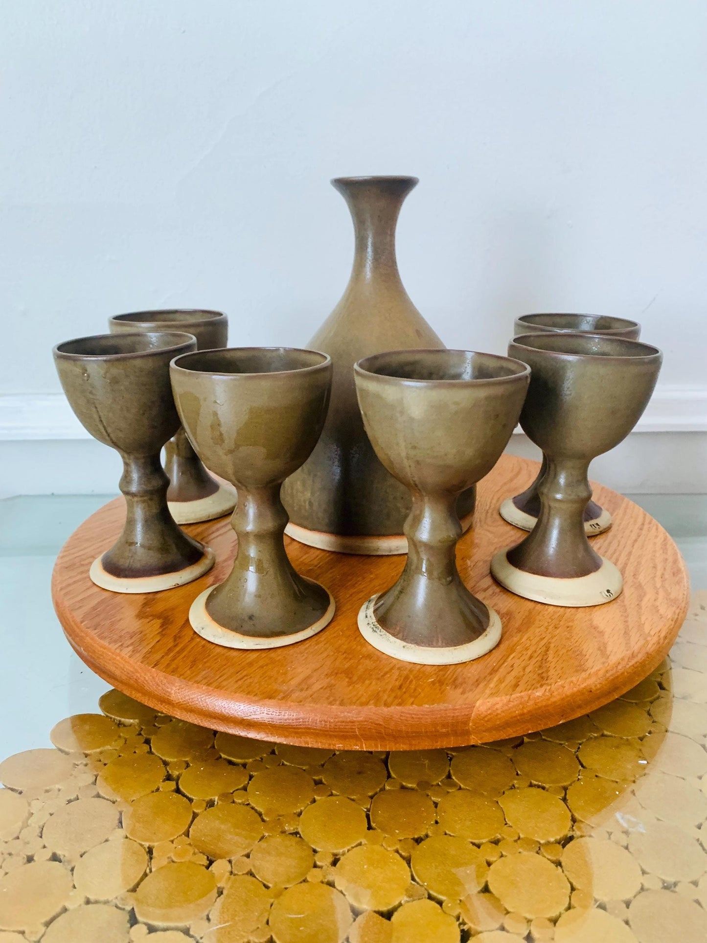 Set of 6 Hand Made Neutral Pottery Goblets with Matching Decanter