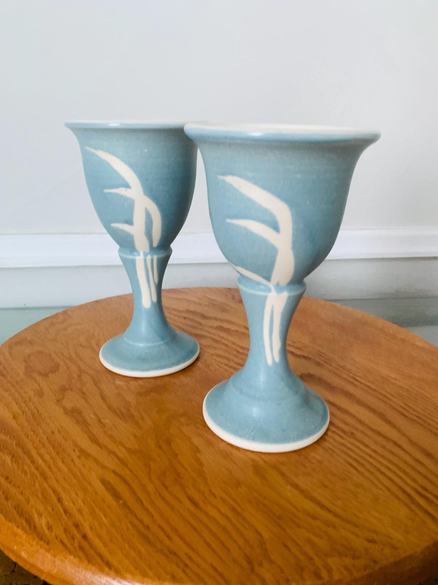 Pair of Handmade Blue and Natural Pottery Goblets