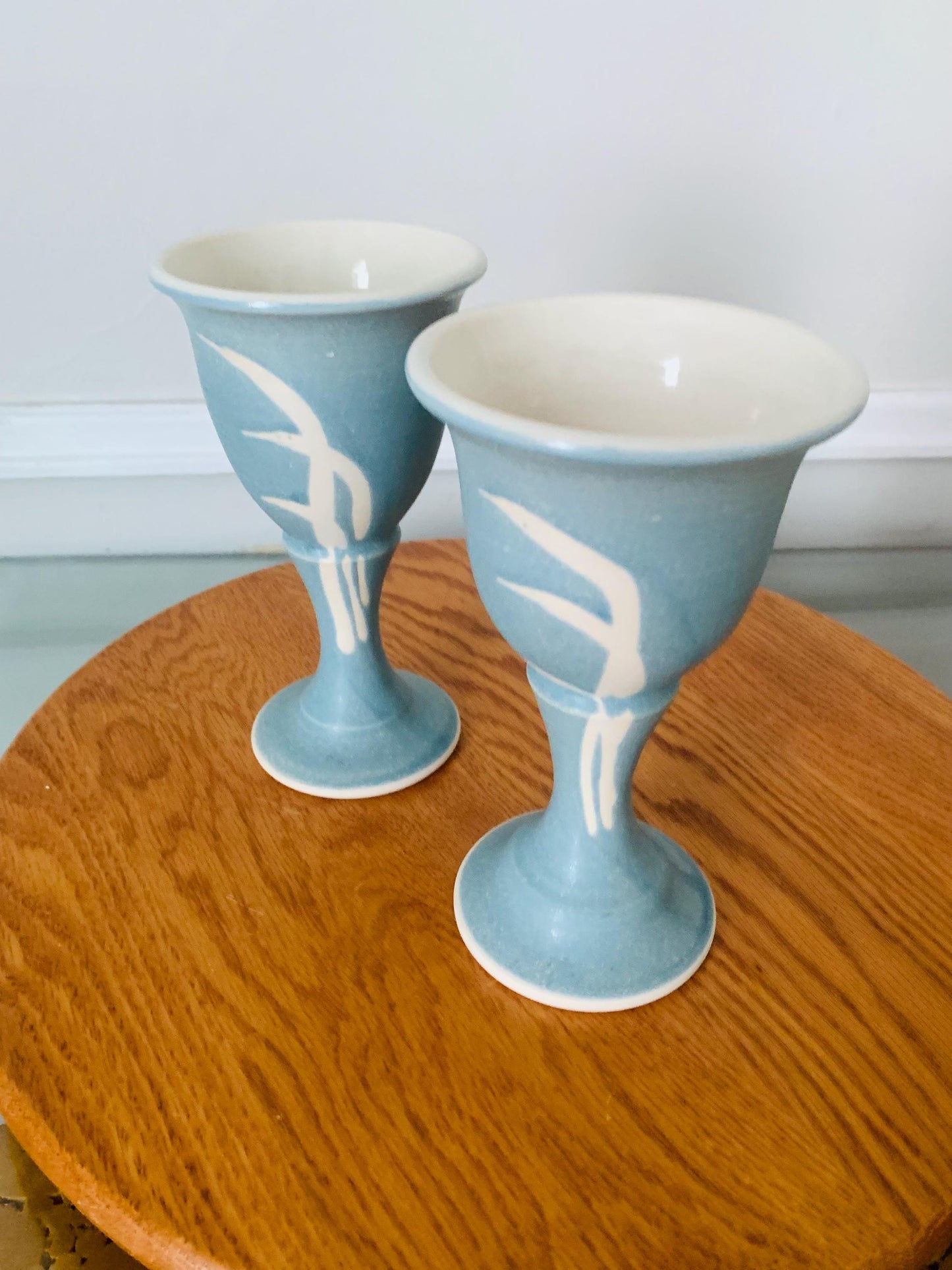 Pair of Handmade Blue and Natural Pottery Goblets