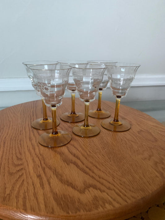 Set of 6 Vintage Yellow Stem Beehive Cordial Drinking Glasses with Gold Rim