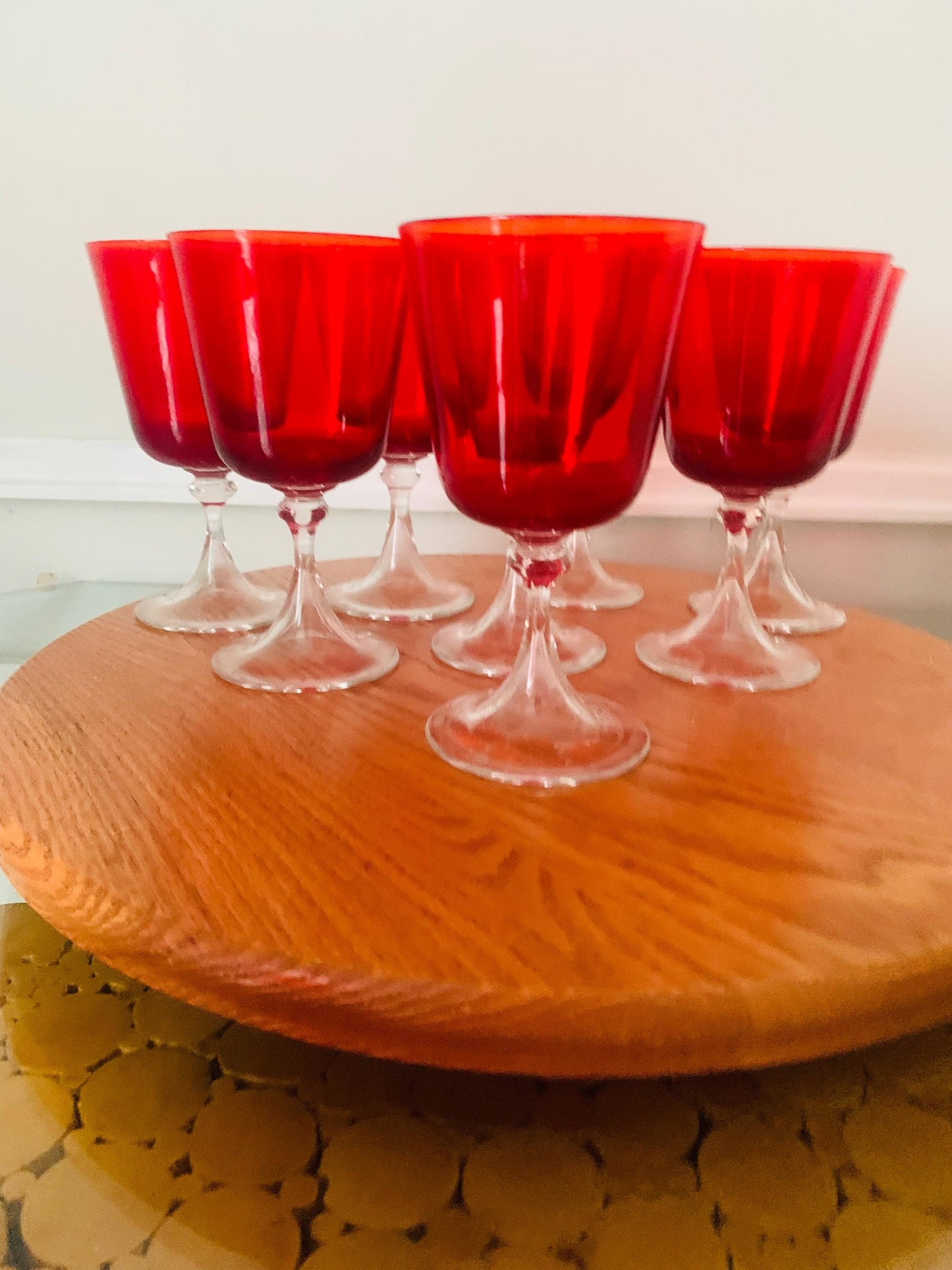 Set of 8 Vintage Ruby Red Bowl Wine Glasses with Clear Base