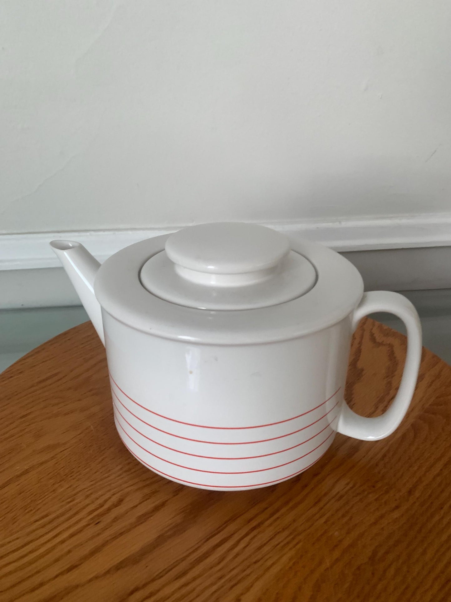 Retro Large White Ceramic Teapot with Red Stripes Made in Korea