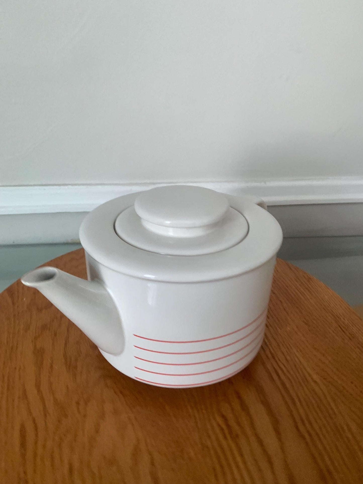 Retro Large White Ceramic Teapot with Red Stripes Made in Korea