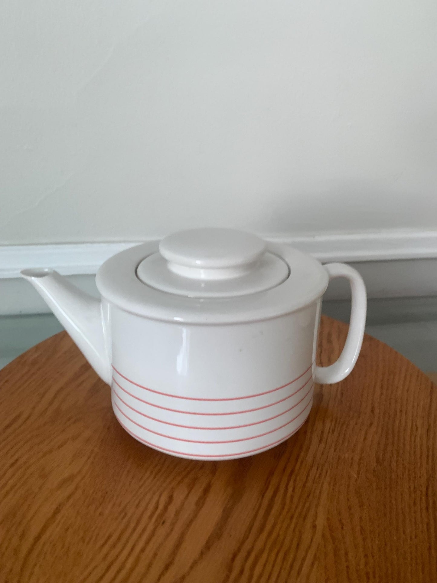 Retro Large White Ceramic Teapot with Red Stripes Made in Korea