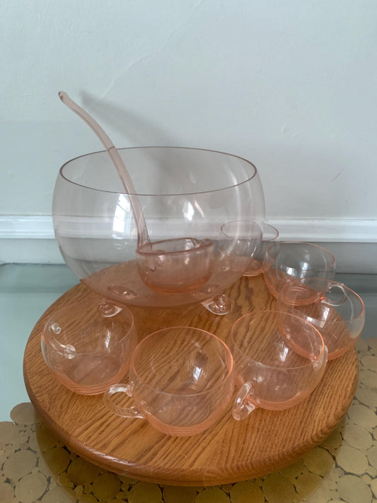 Vintage Hand-Blown Clear Pink Glass Punch Bowl and 6 Glass Set with Glass Ladle