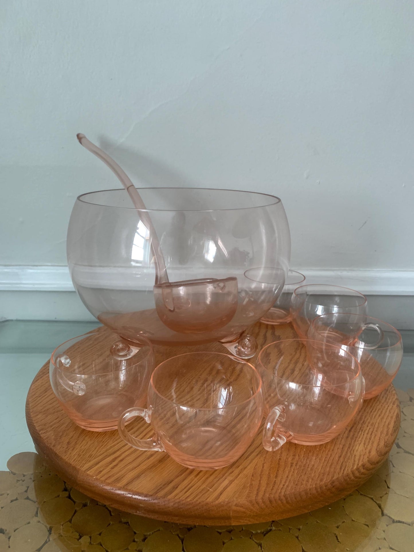 Vintage Hand-Blown Clear Pink Glass Punch Bowl and 6 Glass Set with Glass Ladle
