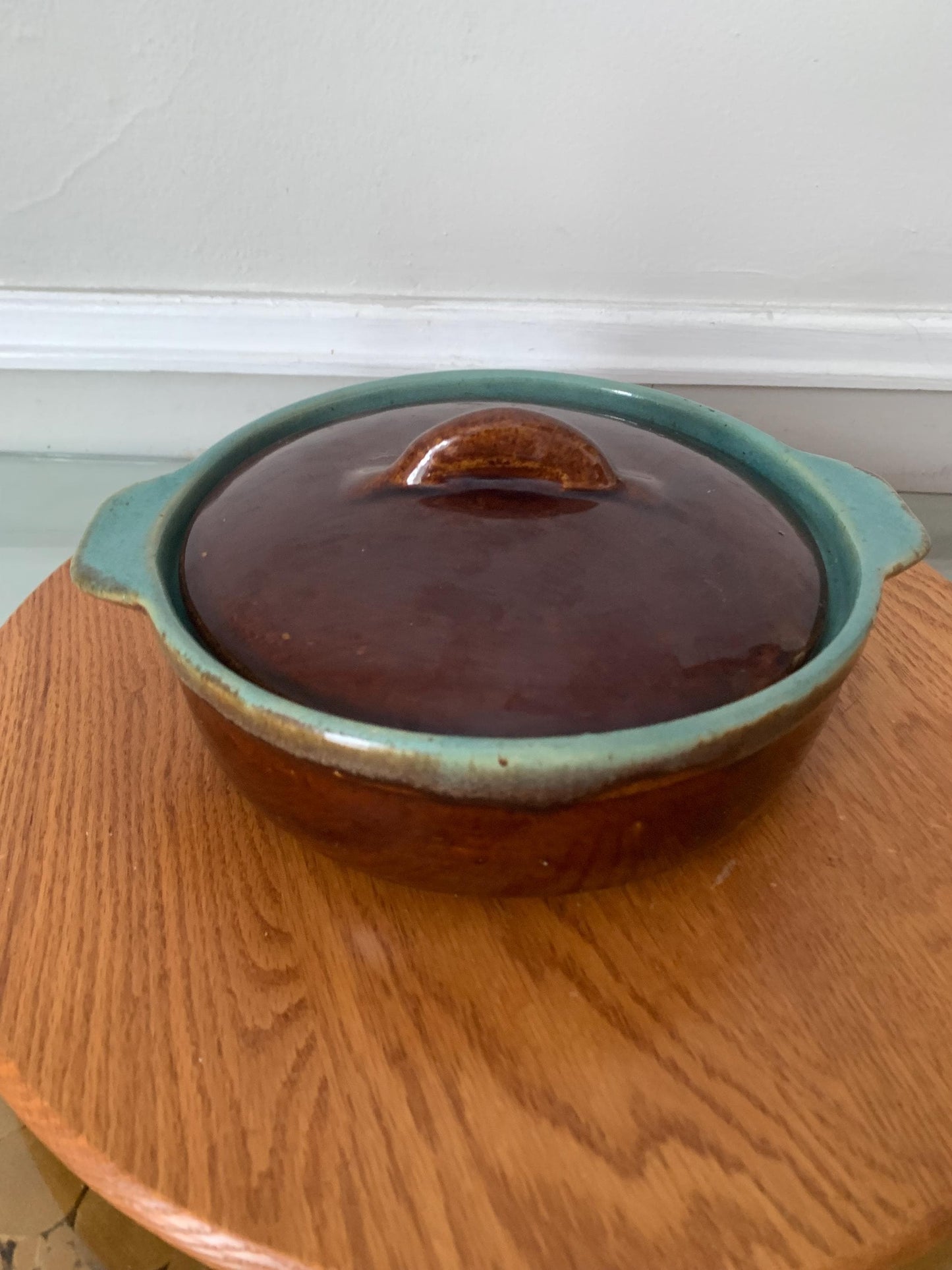 Vintage Brown Glazed Pottery Lidded Dish with Robins Egg Interior