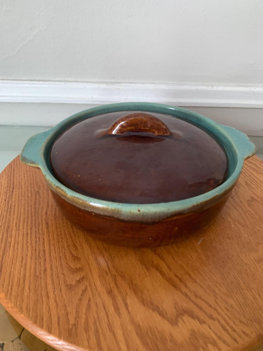 Vintage Brown Glazed Pottery Lidded Dish with Robins Egg Interior