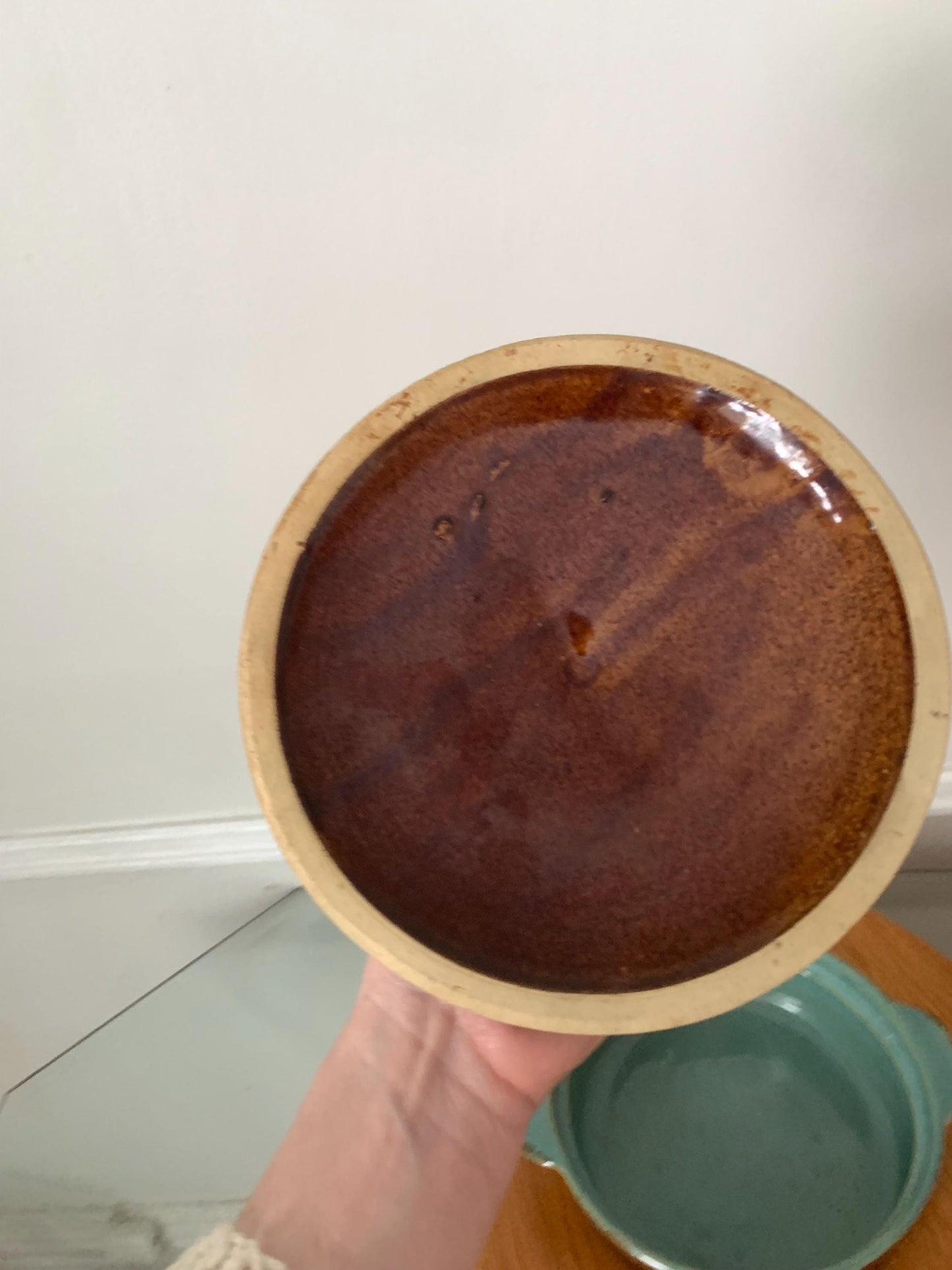 Vintage Brown Glazed Pottery Lidded Dish with Robins Egg Interior