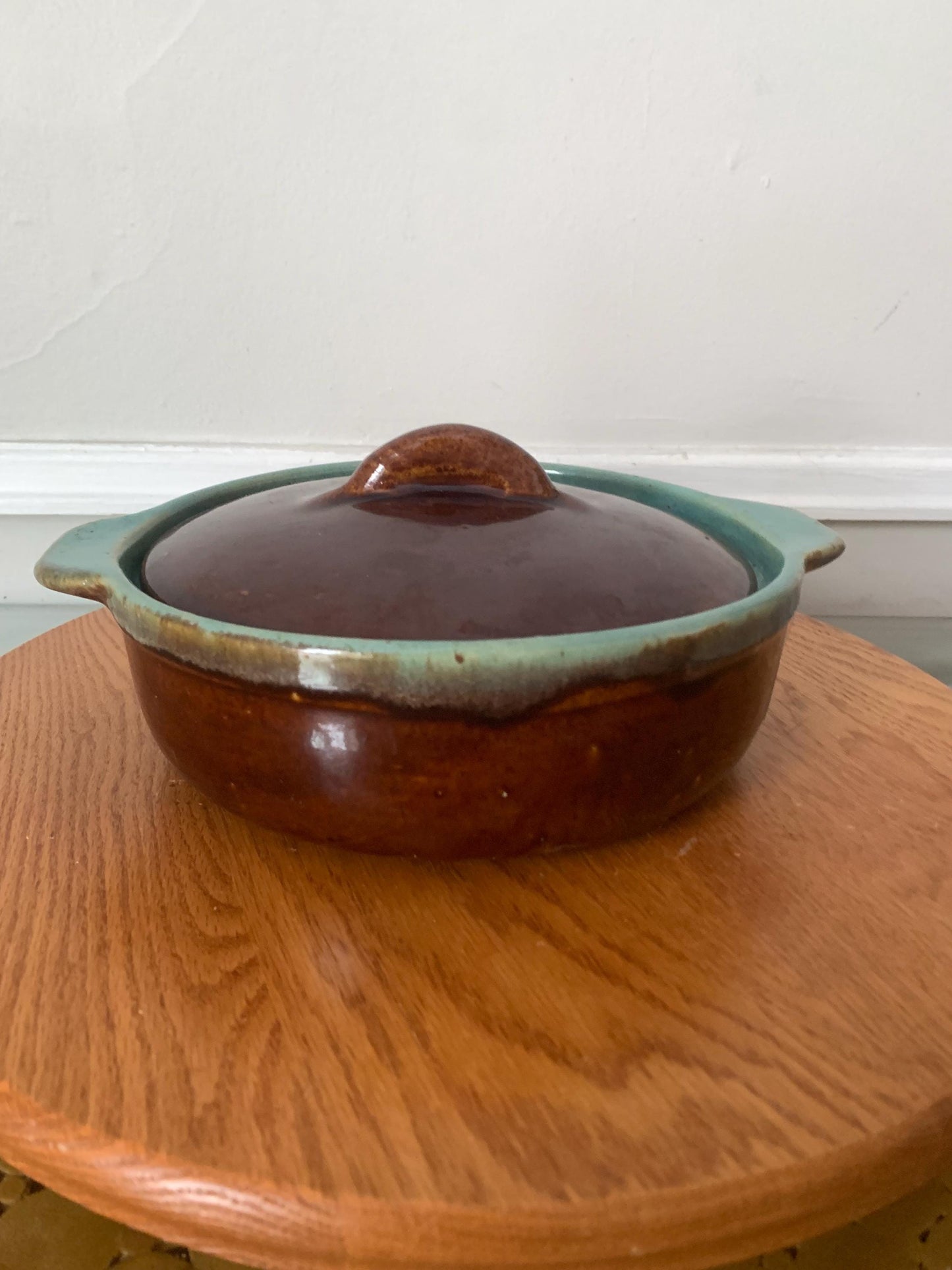 Vintage Brown Glazed Pottery Lidded Dish with Robins Egg Interior