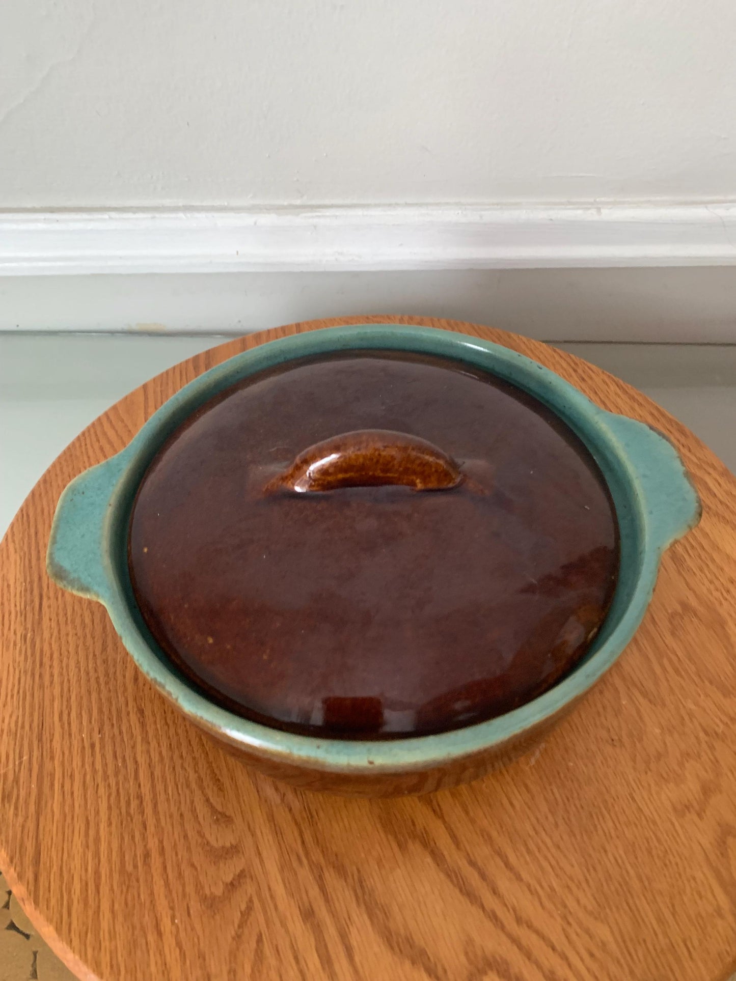 Vintage Brown Glazed Pottery Lidded Dish with Robins Egg Interior
