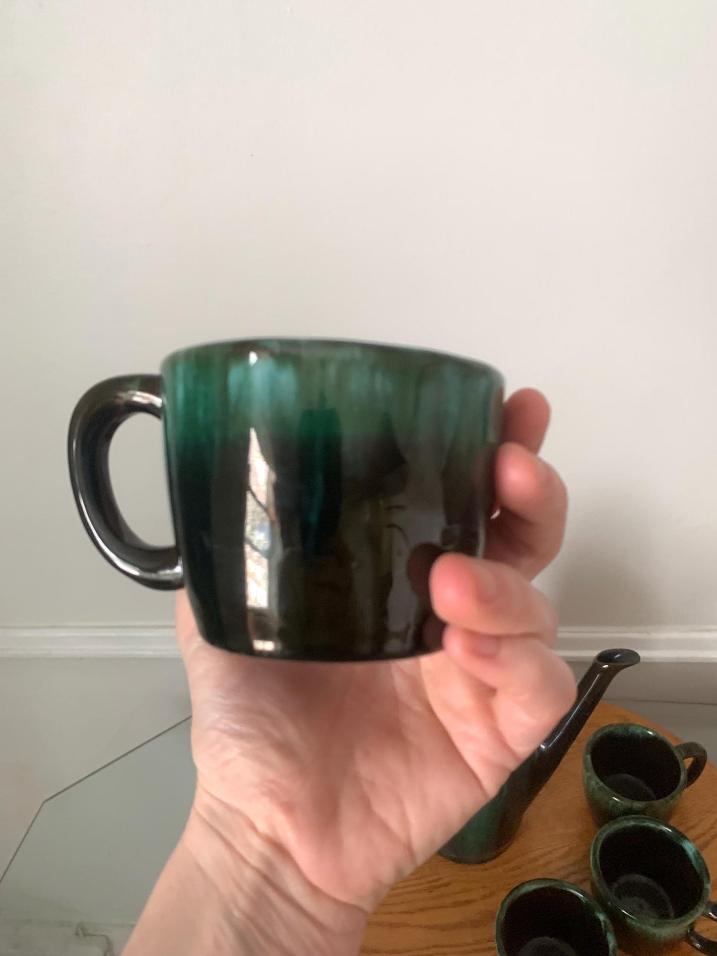 MCM Blue//Green Drip Glaze Coffee Pot with Matching Mugs