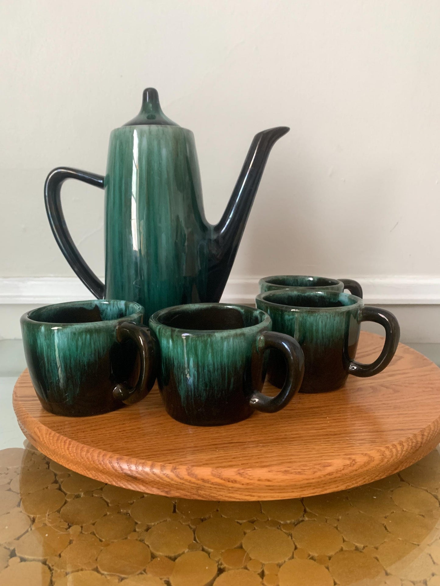 MCM Blue//Green Drip Glaze Coffee Pot with Matching Mugs