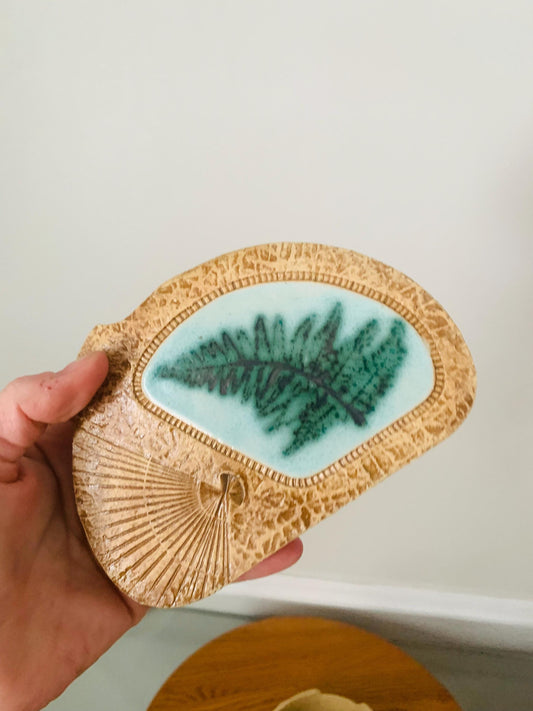 Handmade Neutral Lidded Pottery Dish with Ceramic Fern