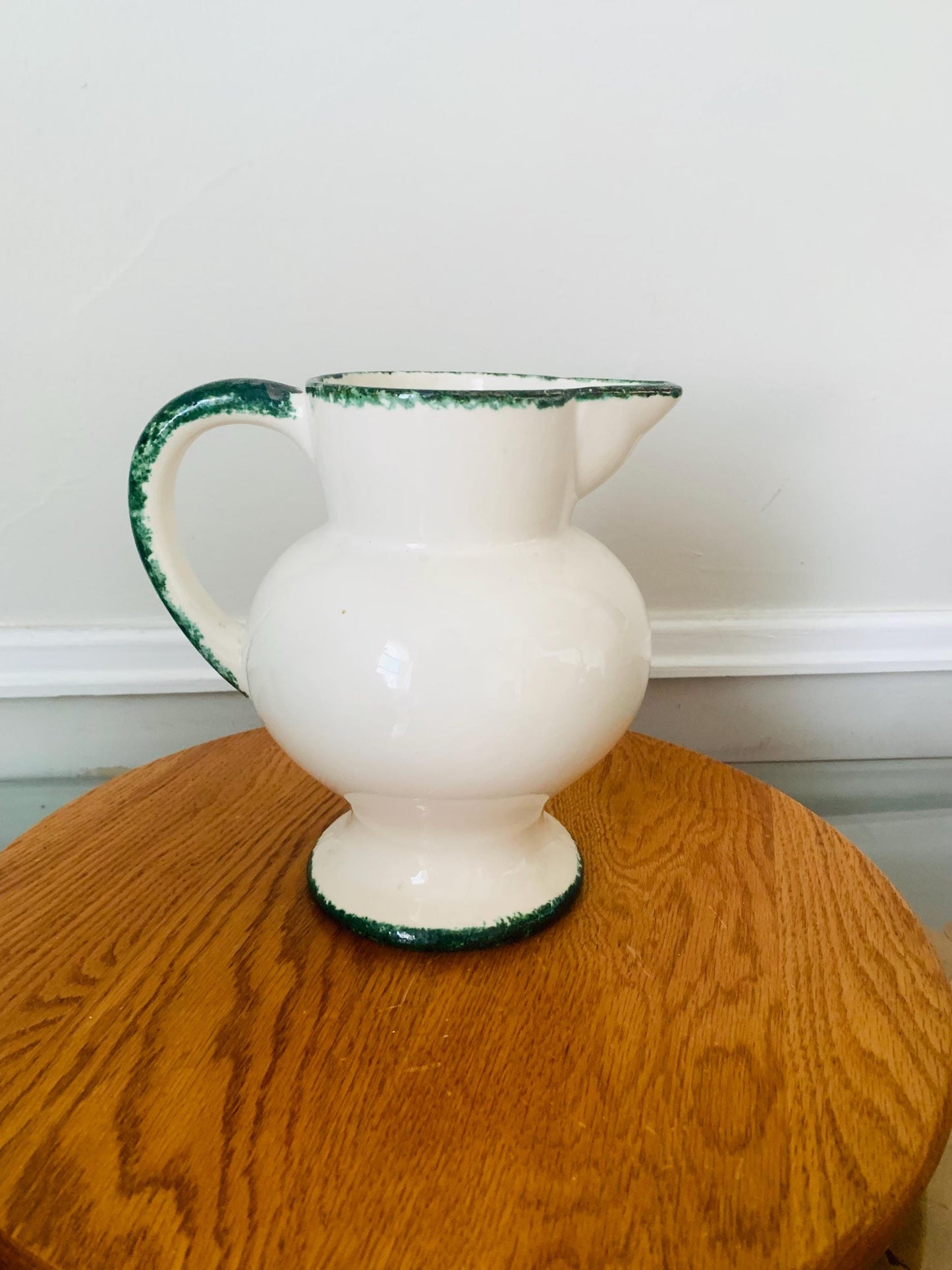 Vintage White Ceramic Pitcher with Green Sponge Ware Details Made in Portugal