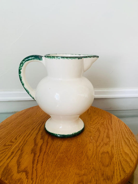 Vintage White Ceramic Pitcher with Green Sponge Ware Details Made in Portugal