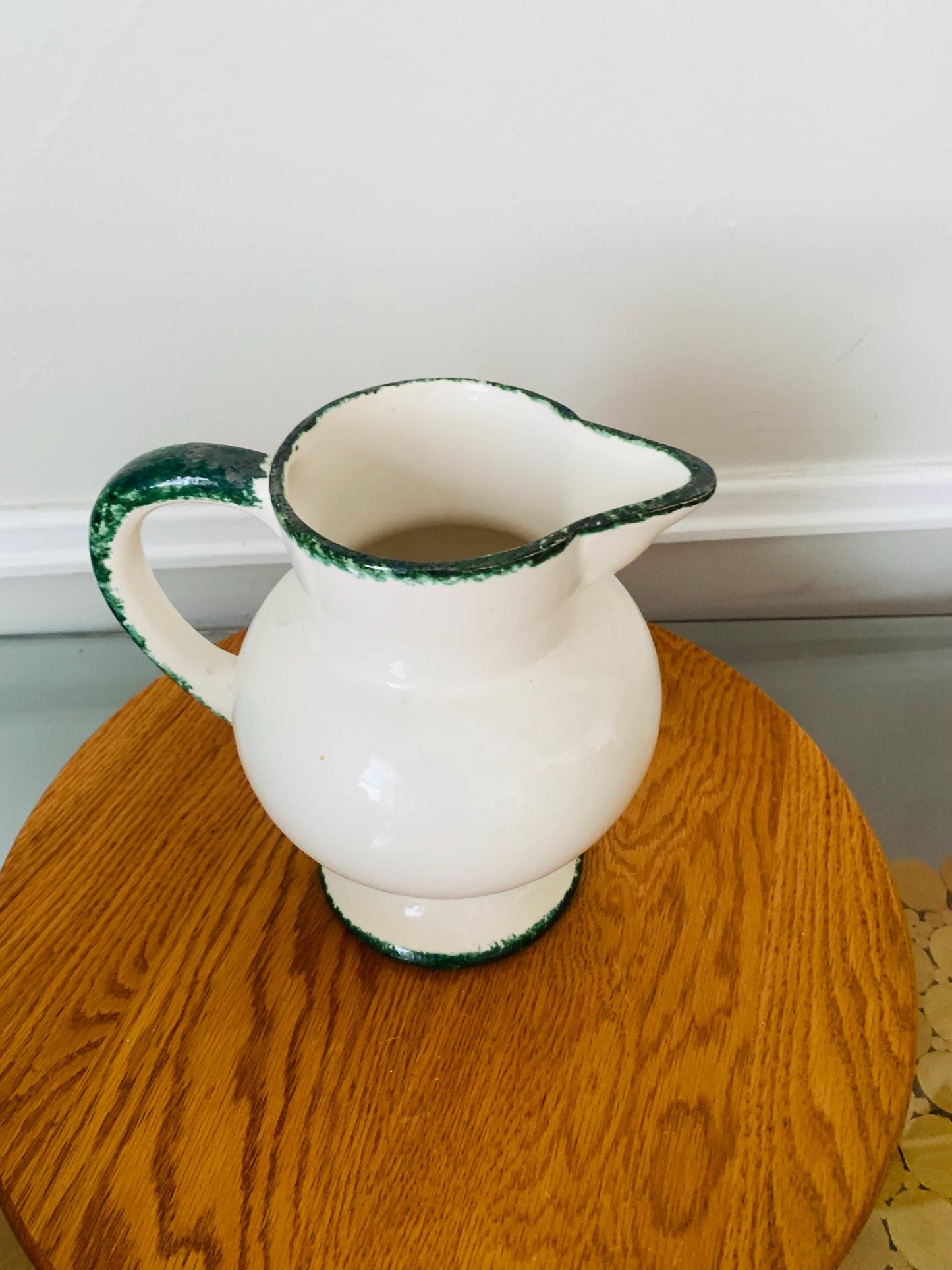 Vintage White Ceramic Pitcher with Green Sponge Ware Details Made in Portugal