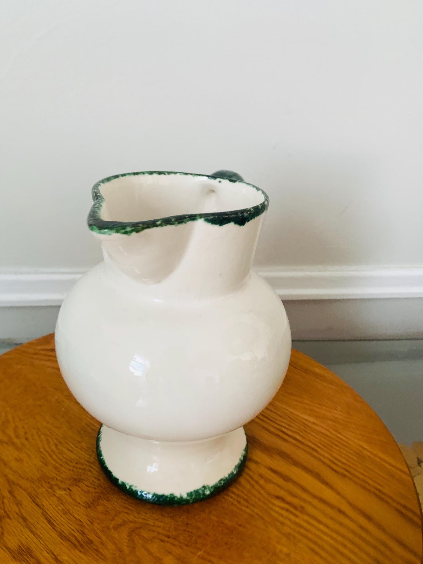 Vintage White Ceramic Pitcher with Green Sponge Ware Details Made in Portugal