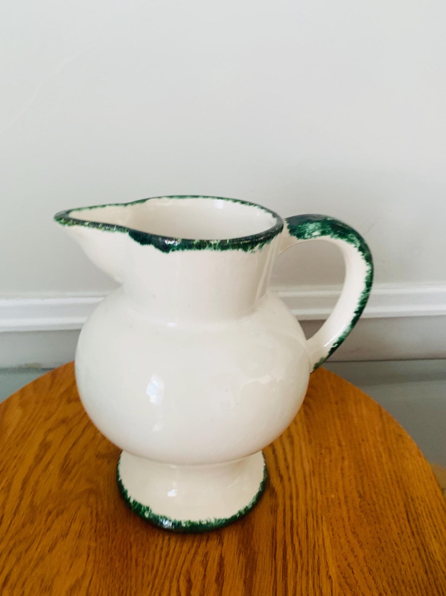 Vintage White Ceramic Pitcher with Green Sponge Ware Details Made in Portugal