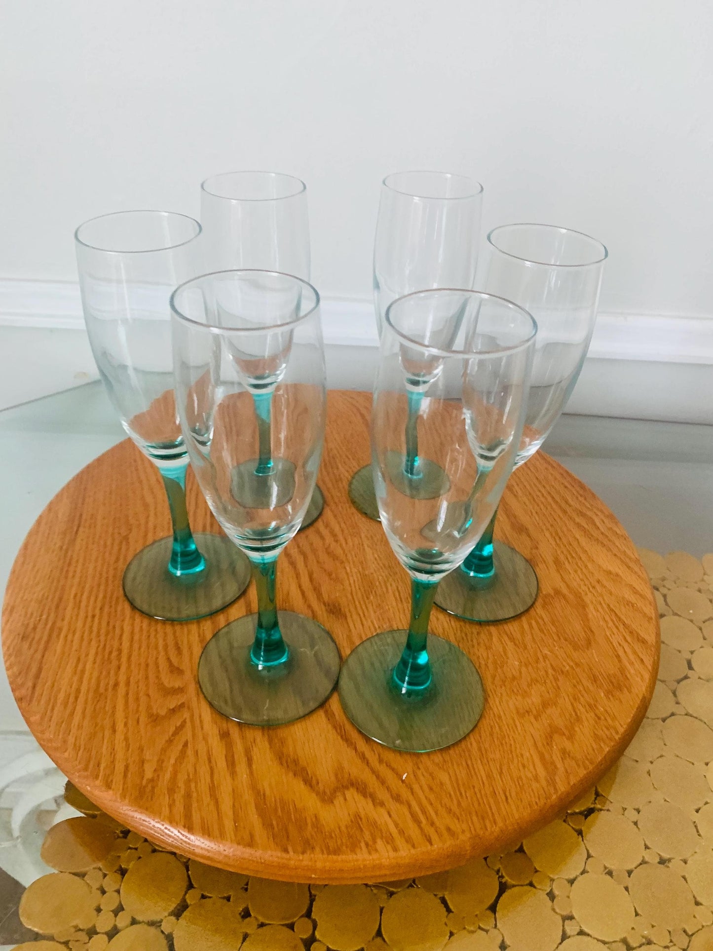 Retro Set of 6 Teal Stem Champagne Glasses