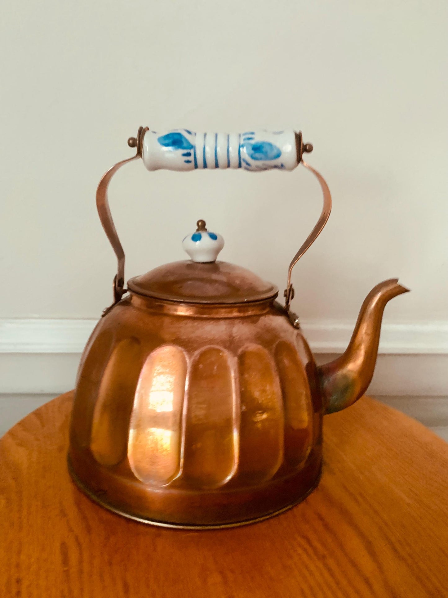 Vintage Copper Kettle with Delft Porcelain Handle Made in Korea