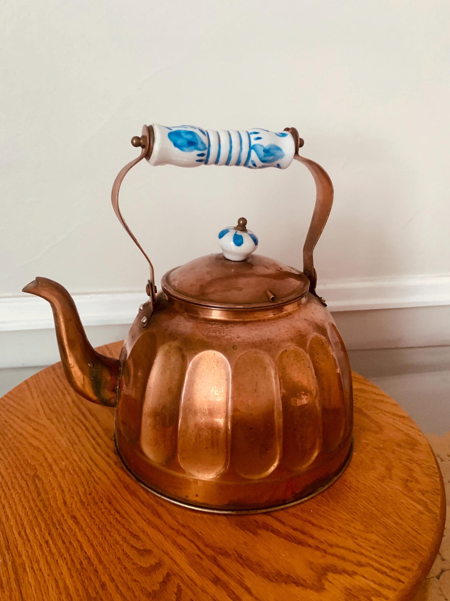 Vintage Copper Kettle with Delft Porcelain Handle Made in Korea
