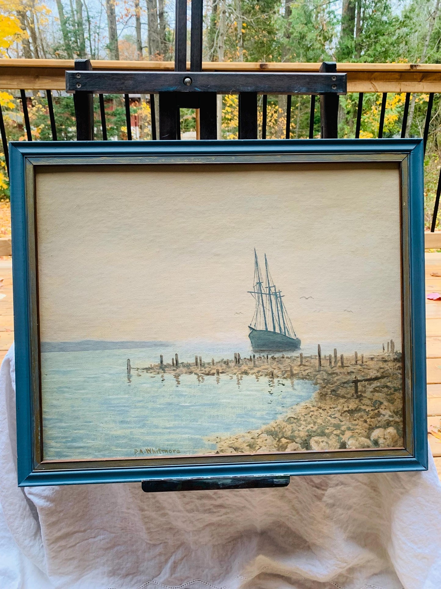 Medium Vintage P.A.Whitmore Sailboat Painting in Blue Wood Frame