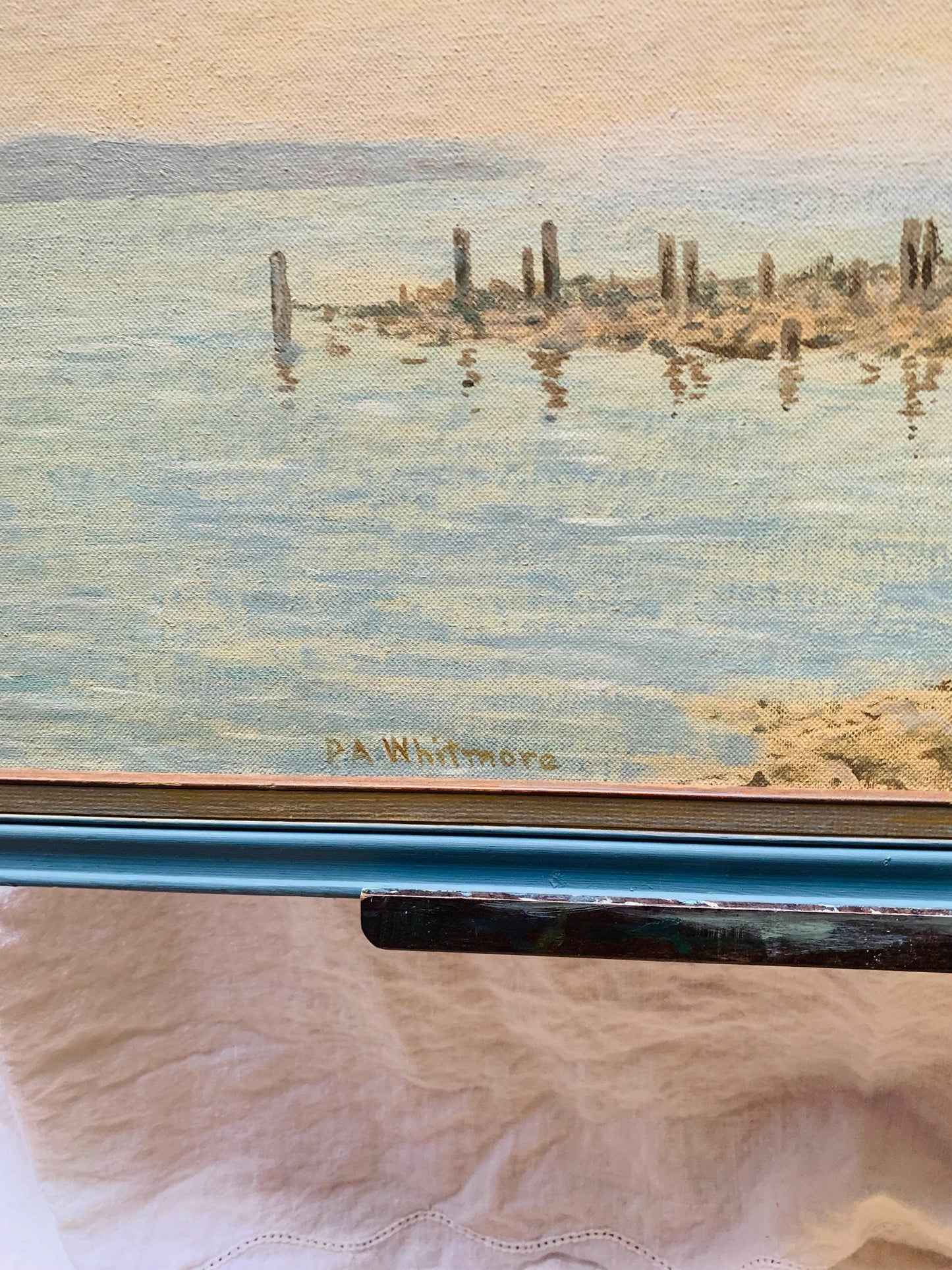 Medium Vintage P.A.Whitmore Sailboat Painting in Blue Wood Frame