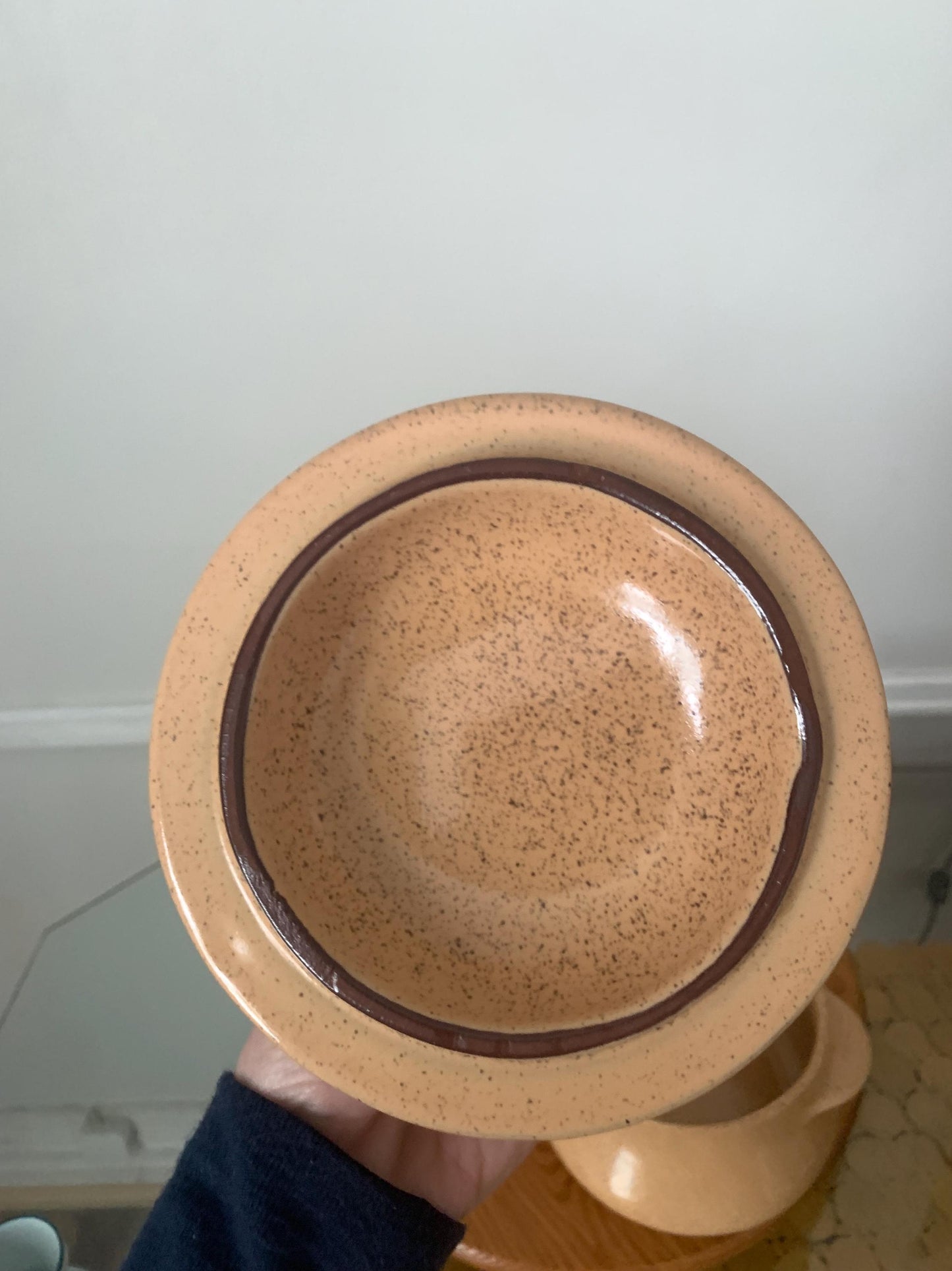 Pair of Medium and Small Vintage Blue Mountain Natural Speckled Peach Lidded Glazed Pottery Containers Made in Canada