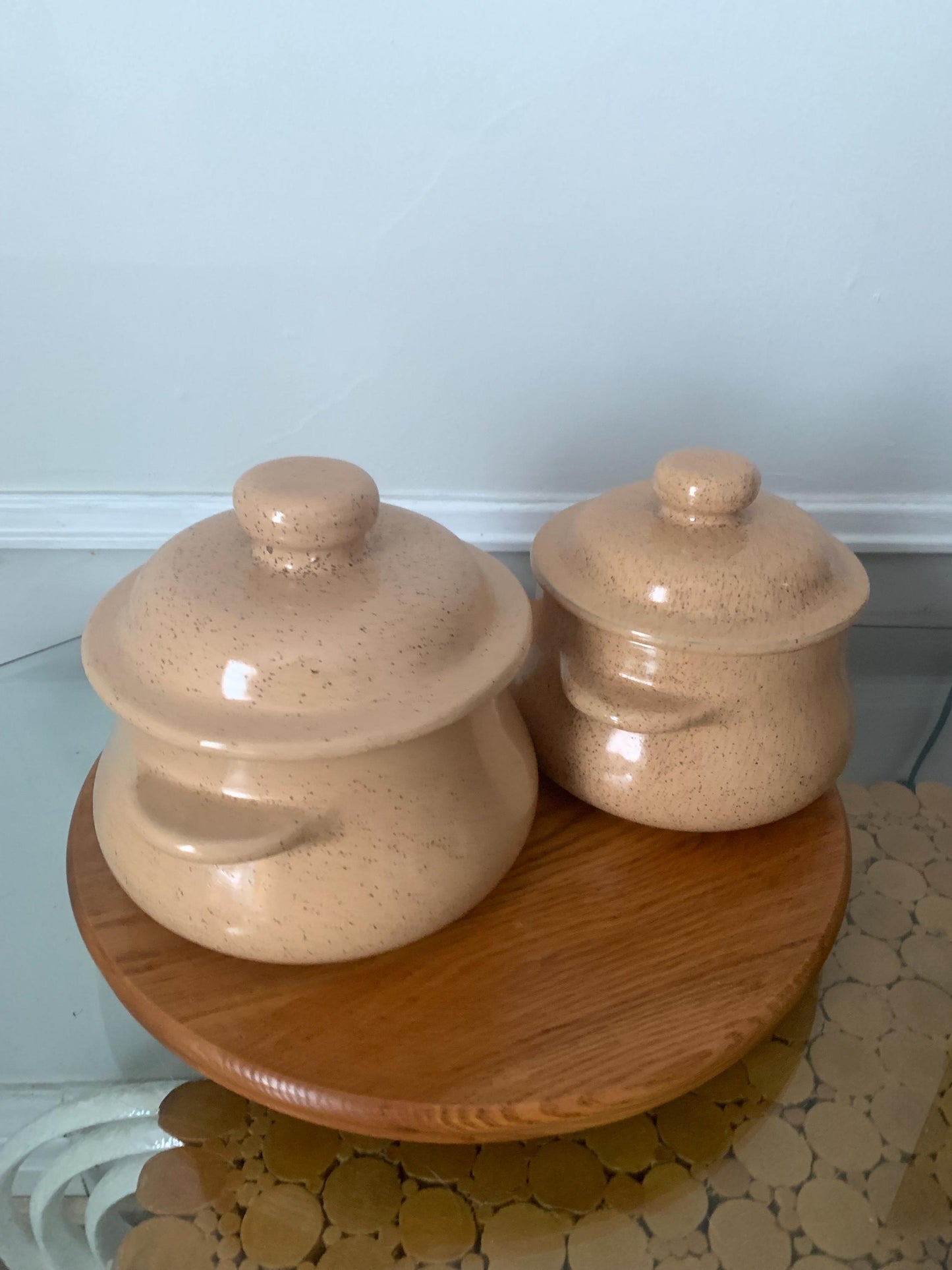 Pair of Medium and Small Vintage Blue Mountain Natural Speckled Peach Lidded Glazed Pottery Containers Made in Canada