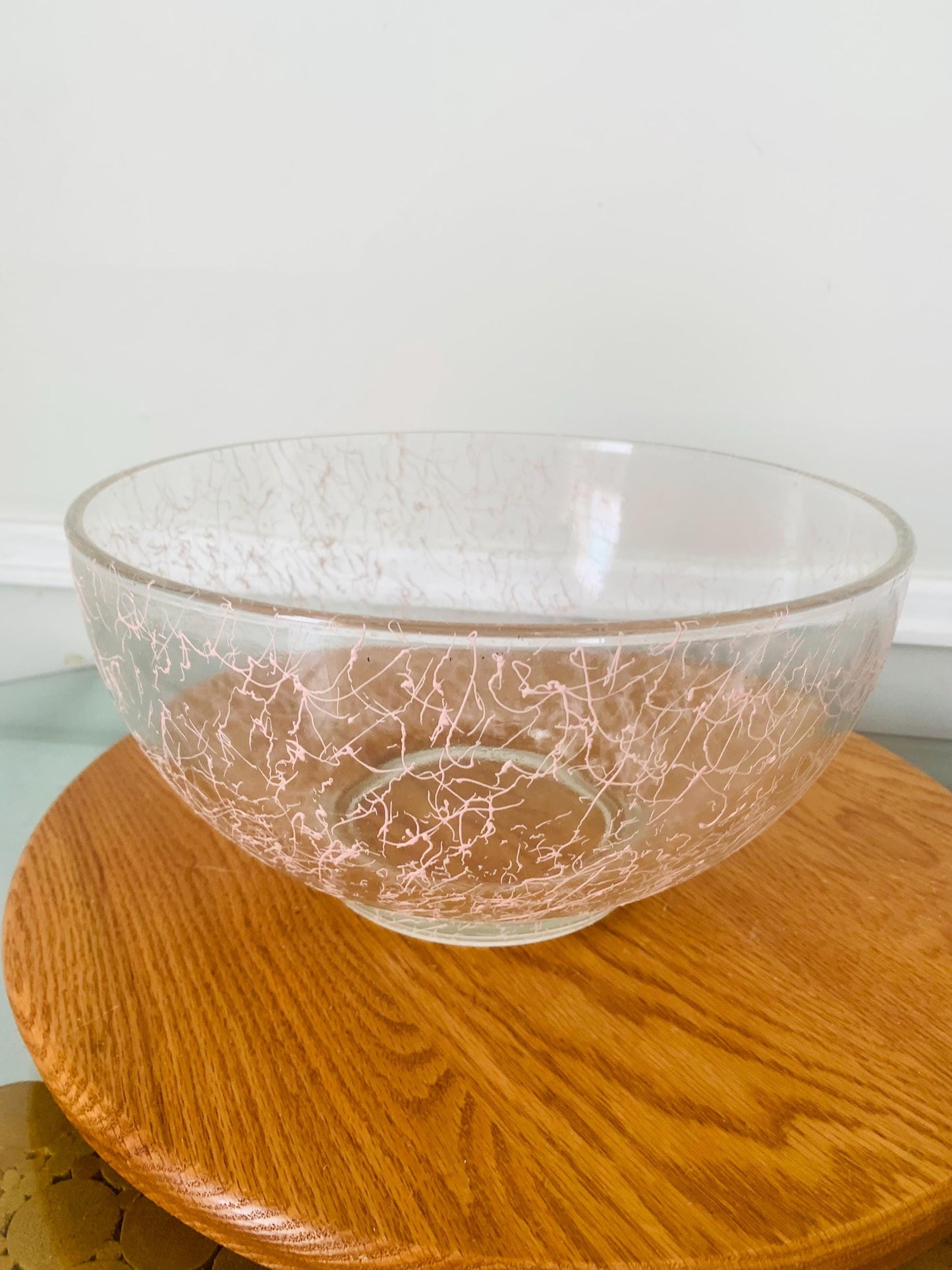 MCM Large Clear Glass Bowl with Pink Splatter Design