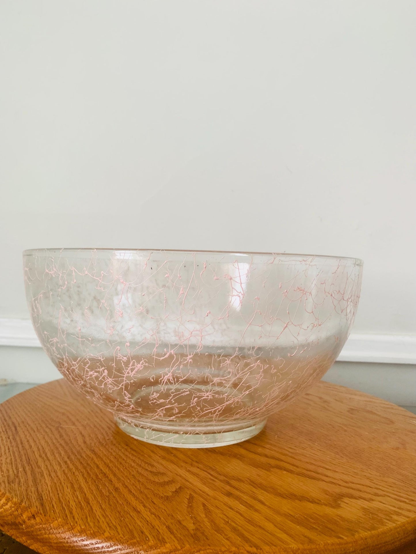 MCM Large Clear Glass Bowl with Pink Splatter Design