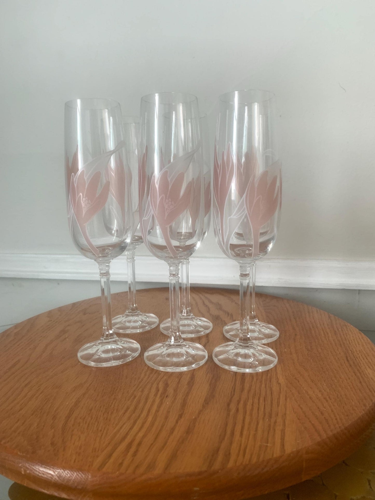 Set of 6 Vintage Czechoslovakian Bohemian Hand Painted Pink Tulip Crystal Champagne Glasses