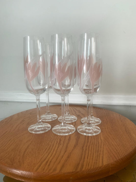 Set of 6 Vintage Czechoslovakian Bohemian Hand Painted Pink Tulip Crystal Champagne Glasses